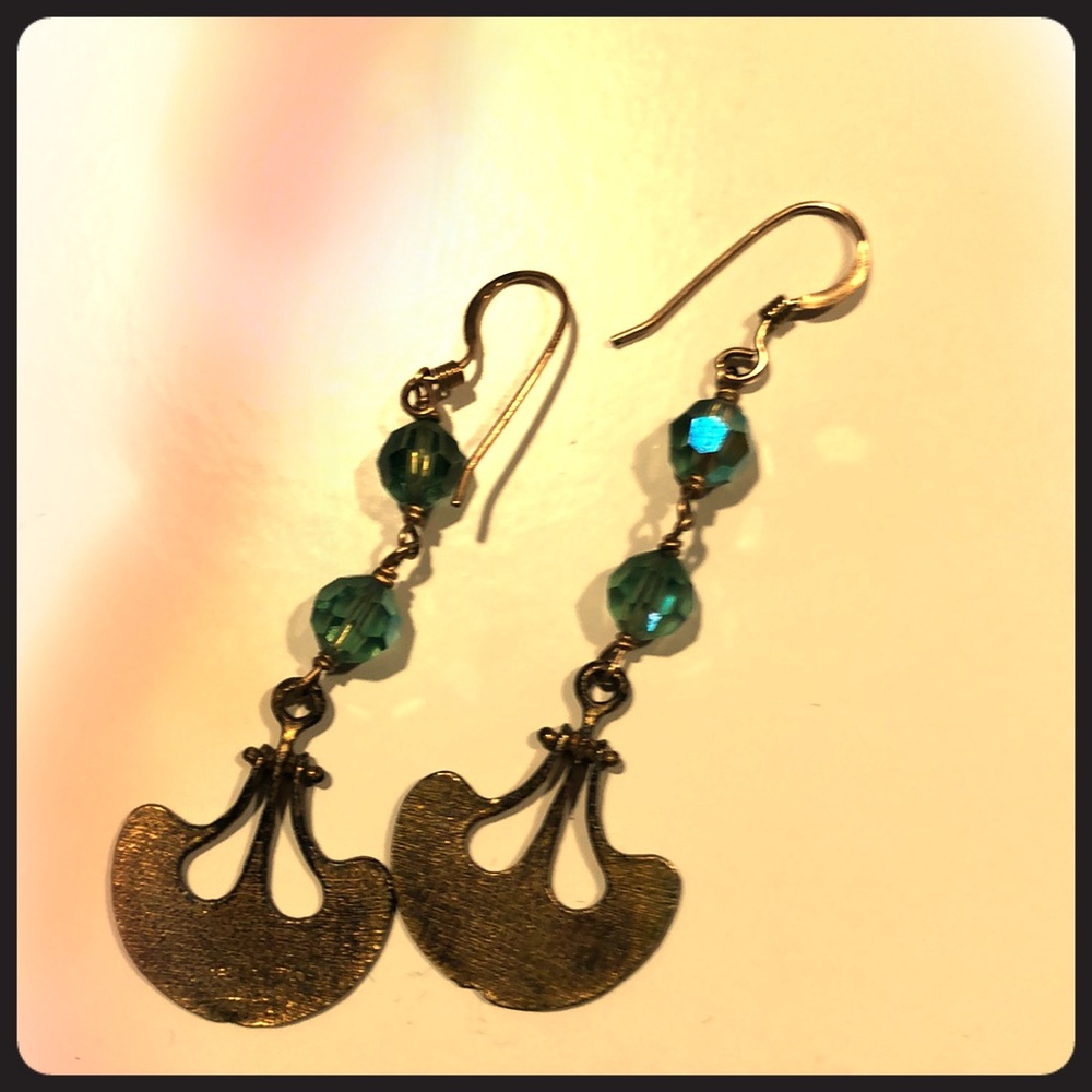 Beautiful Bronzed danglers with teal crystals